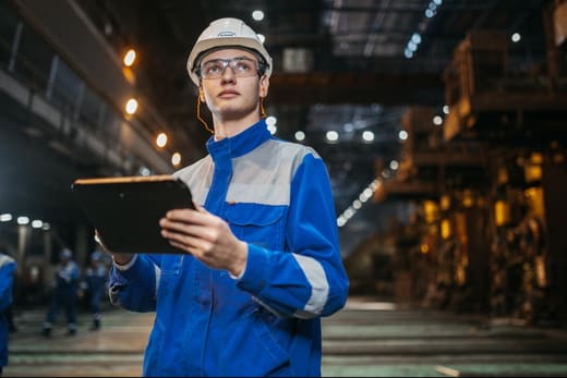 A plant engineer with a tablet on a factory floor