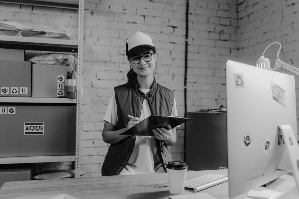 A woman in a cap and glasses holding a clipboard at a desk in a shipping office, shelves of boxes marked fragile behind her, in black and white