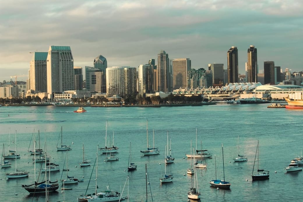 A harbor full of moored sailboats in front of a line of glass and concrete towers, low hills behind under a pale sky
