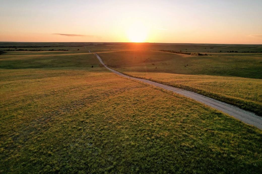 A dirt track running to the horizon across open grassland at sunset